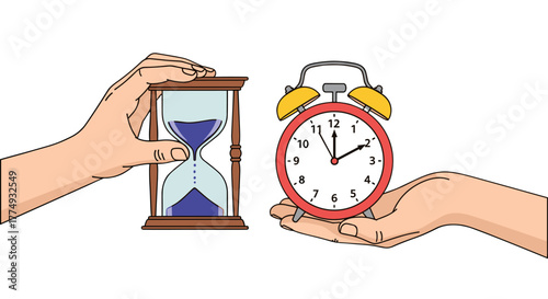 Conceptual illustration of time passing, with a hand holding a blue hourglass and another hand holding a red alarm clock, symbolizing the contrast between old and modern timekeeping methods