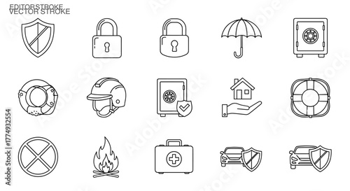 Insurance and Protection Outline Icon Collection: A comprehensive set of editable stroke vector graphics featuring shields, locks, umbrellas, safes, lifebuoys, helmets, first aid kits, cars, and