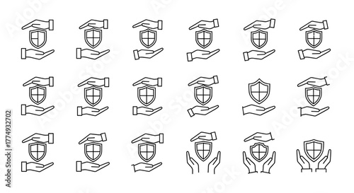 Set of minimalistic thin line icons representing a shield held between hands, symbolizing protection, security, and safety. Ideal for web design, app interfaces, banners, social media, and graphic