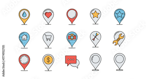 Set of minimalistic line icons for map pins, featuring diverse symbols like a water drop, heart, star, house, shopping cart, camera, tools, dollar sign, and speech bubbles, perfect for web, graphic