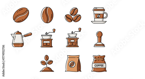 A collection of modern outline-style icons representing the coffee-making process, including coffee beans, a coffee plant sprout, a cezve, two coffee grinders, a tamper, a takeaway coffee cup, and a