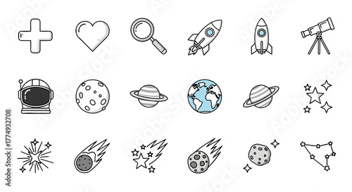 A collection of charming, hand-drawn line icons featuring space-themed elements like rockets, planets, Earth, astronaut helmets, moons, stars, and constellations, alongside universal symbols such as