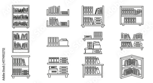 Collection of outline icons representing shelved documents, including various bookshelf styles and document binders, perfect for infographics, articles, books, flyers, and banners, presented as