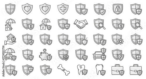 Collection of thin line icons representing various insurance and protection concepts, including shields, houses, cars, health, finance, and security, suitable for graphic and web design, apps, and