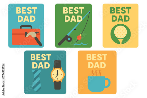 Celebrating best dad with creative icons showcasing tools, fishing, golfing, and classic gifts