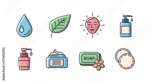 A collection of minimalistic skincare icons, including a water drop, a leaf, a face with acne, a pump bottle, a jar of cream, soap with a flower, and cotton pads, presented as a vector cartoon