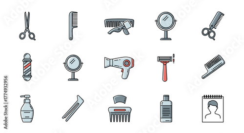 Modern Outline Style Icons for Design, Cards, Apps, and Social Networks: A Vector Cartoon Illustration Set Featuring Scissors, Combs, Mirrors, Hairdryer, Razor, Barber Pole, and More, Perfect for