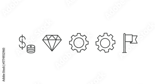 A minimalist, clean, and modern set of five linear icons representing key business concepts: a dollar sign with coins for finance, a diamond for value or quality, two gears for process or mechanics