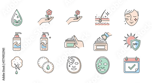 A set of 15 flat design icons representing skincare and beauty concepts, including a water drop with leaves, hands holding flowers, skin layers with hair, a face with sparkles, lotion bottles, jars