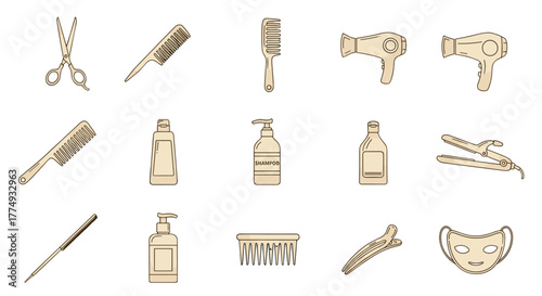 A collection of essential hairdressing and beauty salon tools and products, including scissors, combs, hair dryers, shampoo bottles, a flat iron, a curling wand, hair clips, and a face mask