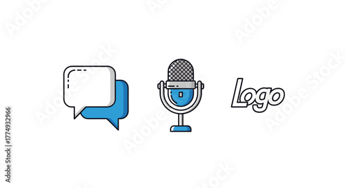 Set of three modern flat design icons on a black background: a speech bubble for communication, a retro microphone for podcasting or broadcasting, and the word "Logo" stylized for branding and