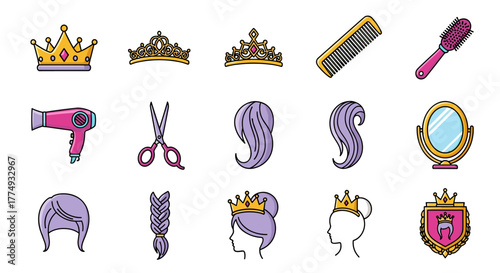 Collection of cartoon icons representing beauty and hairstyling, featuring crowns, tiaras, a hairdryer, scissors, combs, hair strands, a mirror, and a shield emblem, all in a vibrant, flat design