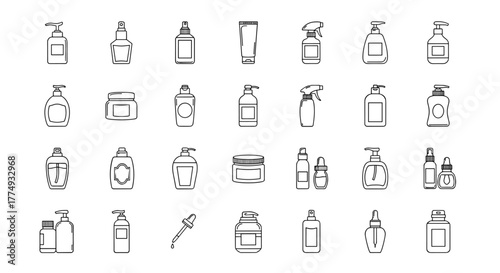 Collection of simple thin line icons representing various cosmetic and personal care bottles and containers, perfect for web, books, cards, and apps. This ordered set includes pump dispensers, spray