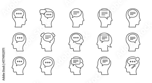 Set of 15 thin line icons representing speech bubbles within human heads, symbolizing communication, thoughts, ideas, and dialogue. This graphic resource collection is perfect for concept apps