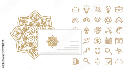Elegant golden mandala design overlaying a business card with various business and finance icons, symbolizing growth, strategy, and success in a professional context, set against a dark background.