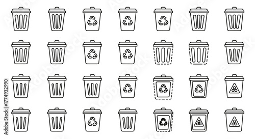 Collection of diverse bin icons in various outline stroke styles, featuring recycling symbols and hazard signs, presented as a clean vector set on a white background, ideal for environmental and