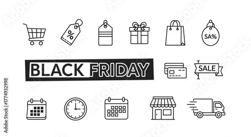 Black Friday sale icons set, including shopping cart, price tags, gift box, shopping bag, discount percentage, credit cards, sale banner, calendar, clock, store, and delivery truck, perfect for