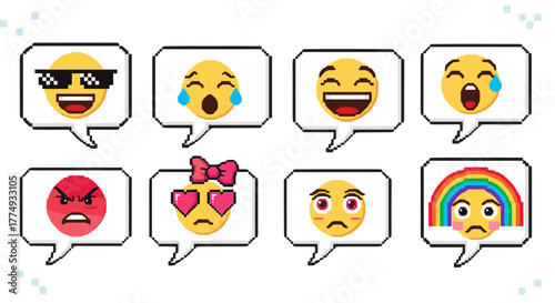 Collection of retro 8-bit pixel art emoticons in speech bubbles, featuring a variety of expressive faces including cool sunglasses, tears of joy, laughter, anger, love eyes, a bow, and a sad rainbow