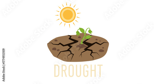 Symbolic illustration of environmental crisis: a wilting plant struggling to survive in cracked, dry earth under a harsh, bright sun, representing drought and the suffering of nature, with the word