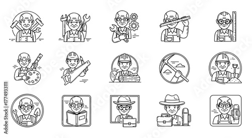 Vintage Line Art Design Template Featuring an Ordered Set of Old Man Worker Icons, Showcasing Diverse Professions with Tools and Accessories, Perfect for Logos and Cartoon Illustrations on a White