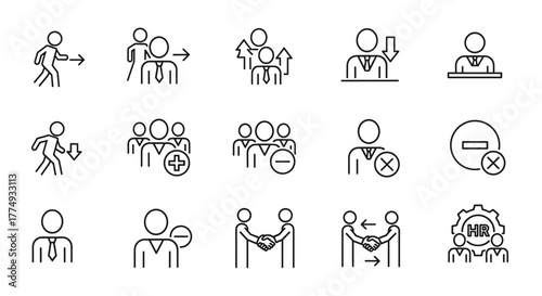 Collection of line icons representing personnel changes and human resources management, including individuals moving, team additions and removals, handshake agreements, and HR department operations