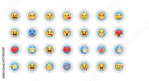 Collection of 3D emoji icons with a white circle frame and blue background, featuring various emotions and symbols like hearts, stars, and thumbs up, presented in ordered rows on a clean white