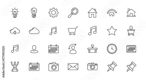 A collection of clean, modern outline icons representing various digital and everyday concepts, including technology, communication, business, and lifestyle elements, perfect for web and app design.