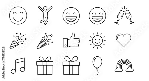 Set of minimalist line icons representing happiness and positive emotions, including laughter, joy, satisfaction, cheerfulness, optimism, fun, celebration, enjoyment, and smiles, all rendered with