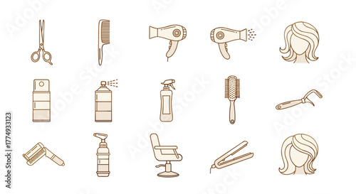 Set of golden gradient line art icons representing hair salon equipment and services, including scissors, combs, hair dryers, spray bottles, hairbrushes, a barber chair, a flat iron, and stylized