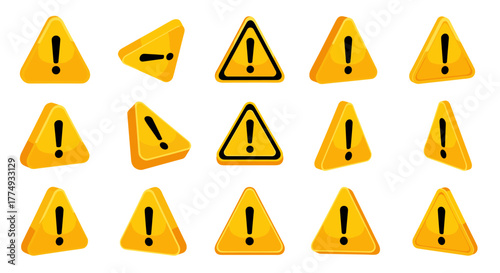 Collection of 3D yellow warning triangle signs with exclamation marks, presented from various perspectives and angles, isolated on a black background, symbolizing alerts, caution, and important