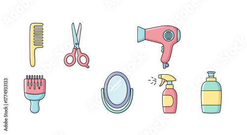 A vibrant and clean vector cartoon illustration featuring a collection of essential hair and beauty salon tools, including a comb, scissors, hair dryer, brush, mirror, spray bottle, and lotion