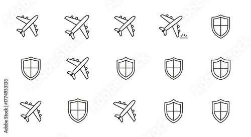 Minimalistic vector illustration featuring a collection of airplane and shield icons, presented in a clean, line-art style suitable for web, graphic design, apps, banners, social networks, and cards
