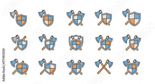 Set of minimalistic thin line icons featuring crossed axes and shields in various arrangements, perfect for web design, graphic applications, banners, social media, and card designs, presented as a