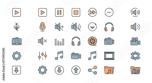 A comprehensive collection of thin-line audio and video icons, featuring a flat, simple vector design. This pack includes essential media playback controls, recording devices, audio settings, and