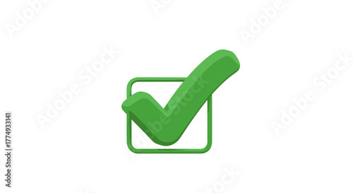 Vivid 3D green checkmark inside a square outline, symbolizing verification, approval, and completion, rendered as a clean vector cartoon illustration on a black background, perfect for digital