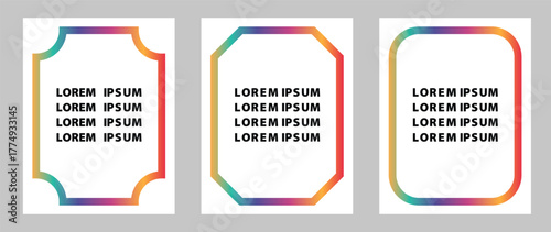 Three Flayer Design with lorem ipsum text inside and colorful gradient borders on a gray background
