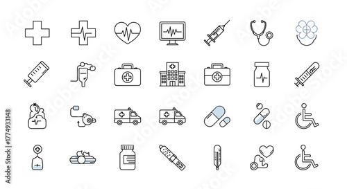 Ambulance and medical line icons collection, big UI icon set in a flat design, thin outline icons pack, vector illustration EPS10, ordered line icons for healthcare, emergency services, and hospital