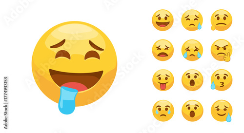 A vibrant collection of 3D yellow emoji faces showcasing a diverse range of emotions, including happiness, sadness, anger, surprise, and playfulness, set against a clean white background for maximum
