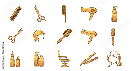 Golden Gradient Collection of Hair Salon Icons and Tools, Featuring a Hairdresser's Chair, Styling Tools, and Hair Products, Perfect for Branding and Design on a Clean White Background, Vector
