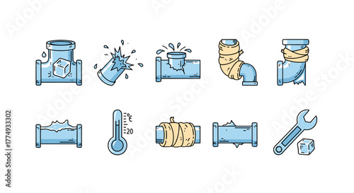 Set of frozen pipe icons, illustrating plumbing issues like freezing, bursting, leaks, and repairs, alongside a thermometer and wrench, perfect for graphic design, web development, and app