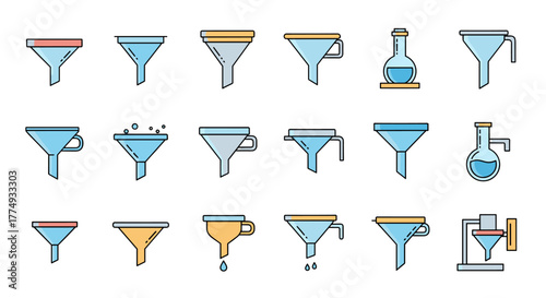 Collection of flat design funnels and laboratory flasks with colorful accents on a black background, representing filtering, science, and data processing, perfect for graphic design and web elements.