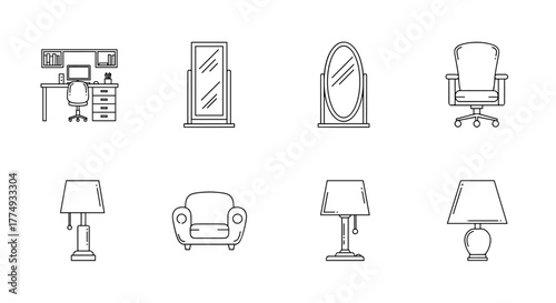 Collection of outline icons representing furniture and interior design elements, including a modern desk with a computer and chair, full-length and oval mirrors, an office chair, a comfortable