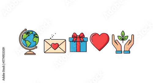 Set of five flat design icons representing global love, communication, generosity, and environmental care: a globe, an envelope with a heart, a gift box, a heart, and hands nurturing a plant, perfect