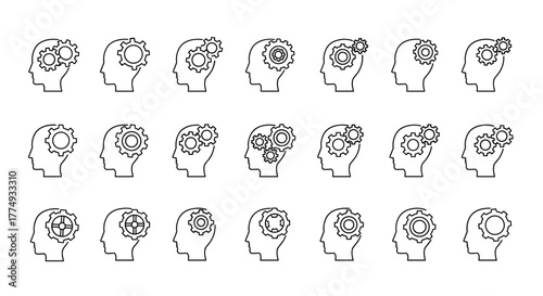 Minimalistic line icon set depicting a human head profile with gears inside, symbolizing thought process, ideas, and intelligence. This vector illustration is perfect for web design, graphic design