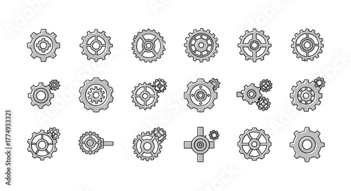 Collection of various gear and cogwheel icons, presented as line art with editable strokes, perfect for infographics, articles, books, flyers, and banners, rendered in a clean vector cartoon