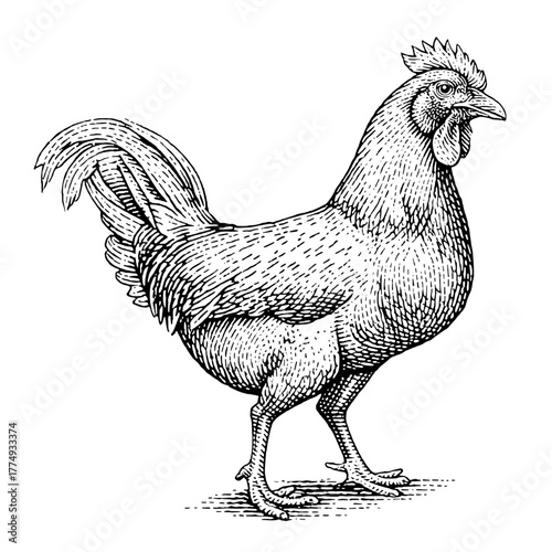 Engraved illustration of a proud rooster showcasing intricate details in feathers and posture
