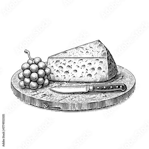 Engraved illustration of cheese and grapes on wooden cutting board with knife