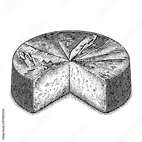 Engraved illustration of a cheese wheel with a slice removed showcasing intricate details and texture