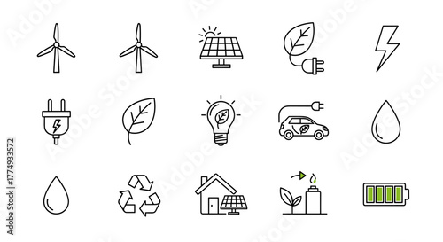 Set of simple line icons representing green energy and renewable resources, including wind turbines, solar panels, electric car, lightbulb with leaf, water drop, battery, and recycling symbol