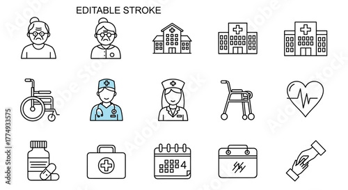 Elderly Care Line Icon Set: A Comprehensive Collection Featuring Senior Citizens, Nursing Homes, Hospitals, and Medical Symbols, Rendered with Editable Strokes and Vector Illustration for Versatile